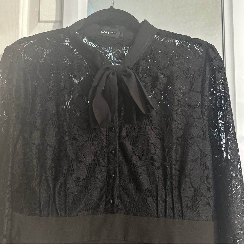 ModCloth Retro Tie-Neck Lace Sheath Dress Black Long Sheer Sleeves